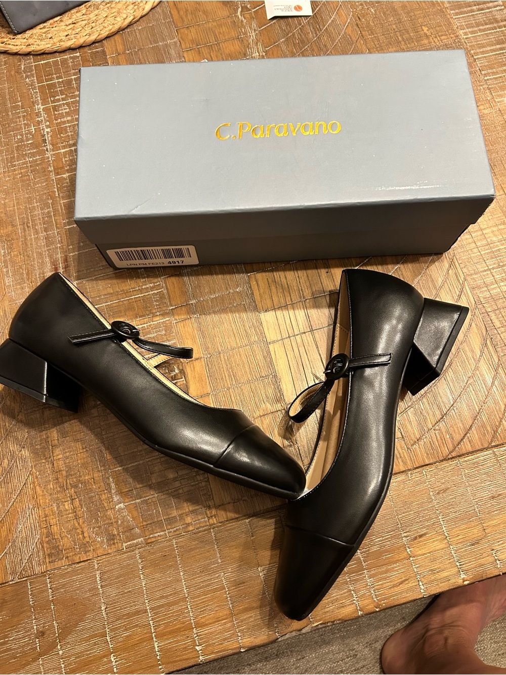 Black Leather Low Block Heel Pumps